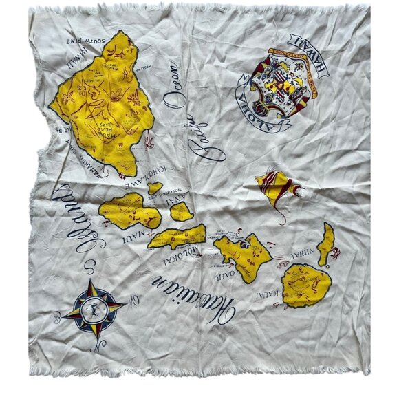 Hawaiian Islands Map Scarf Crepe Polyester 23 x23 Aloha Hawaii Frayed Edges VTG - Picture 1 of 11